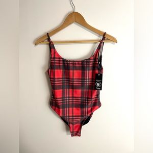 Wildfox Swim Tartan Plaid One Piece Swimsuit Red Medium NWT